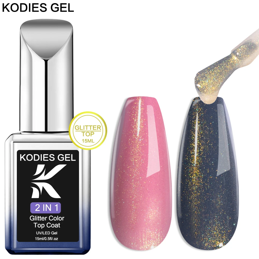 KODIES GEL 15 ml Gel-Nagellack, glitzernder Decklack, kein Abwischen, 2 IN 1, UV-Meerjungfrau-Holo-Laser, Gold-Topcoat, Hybrid-Lack für Maniküre Image