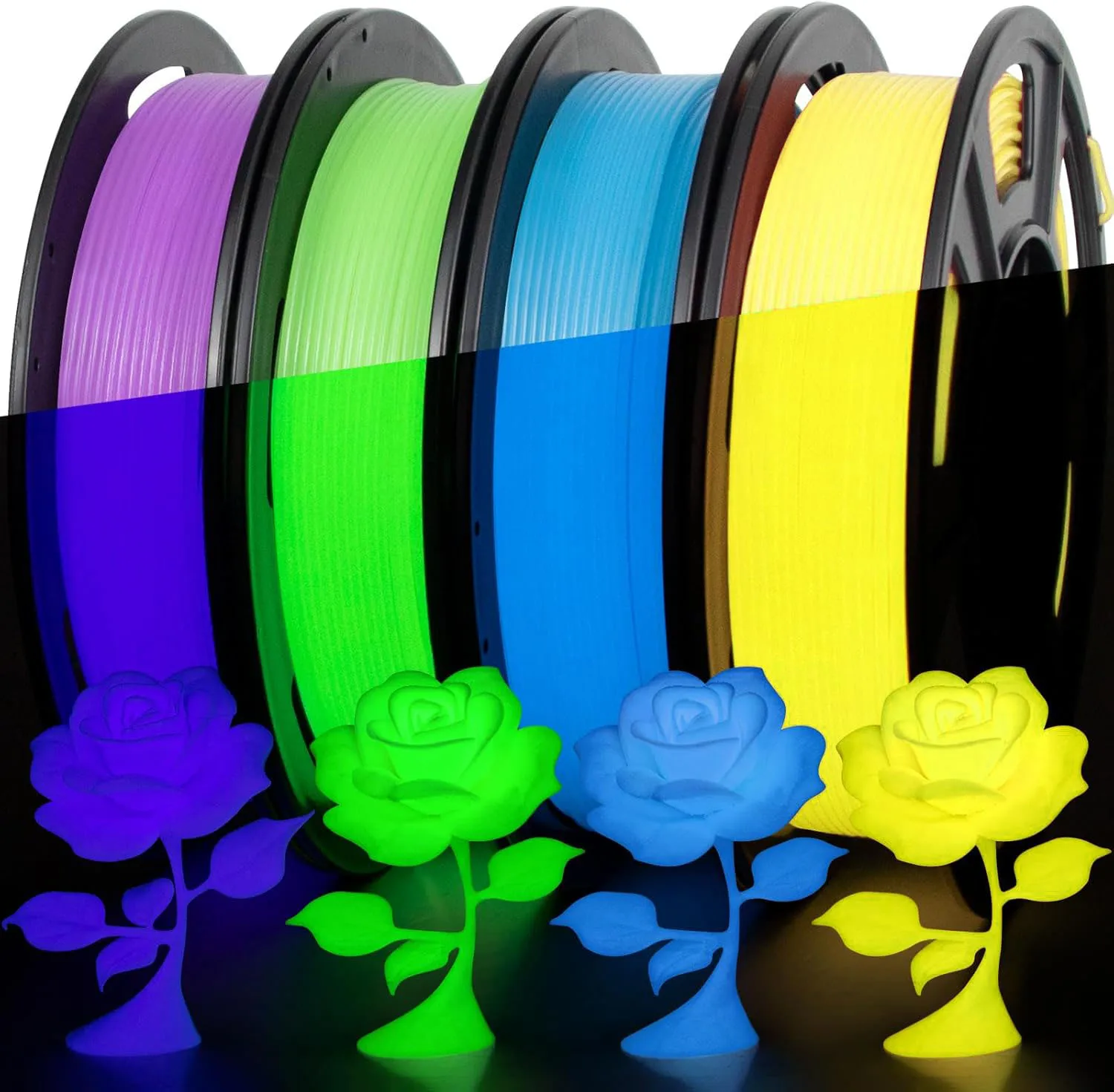 4er-Pack TPU 95A 3D-Drucker Filament in Verschiedenen Farben, Nachleuchtend, 1,75mm Durchmesser, Blau Grün Gelb Lila, je 250g Image