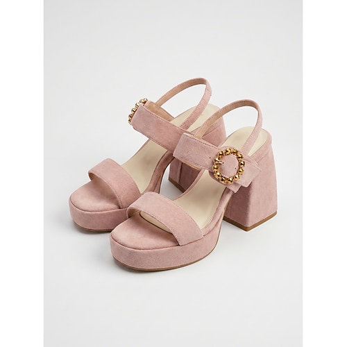 Sandales compensées en daim rose poudré pour femme - mules confortables à talon haut épais avec boucle strass doré et bride arrière ajustable, parfaites pour un look tendance au quotidien et les