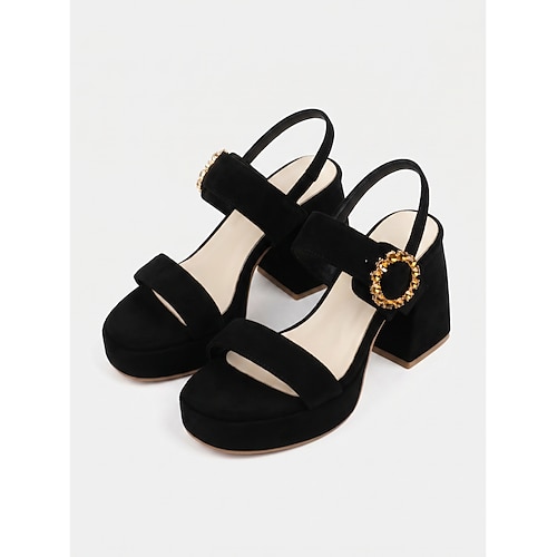 Sandales compensées en daim rose poudré pour femme - mules confortables à talon haut épais avec boucle strass doré et bride arrière ajustable, parfaites pour un look tendance au quotidien et les