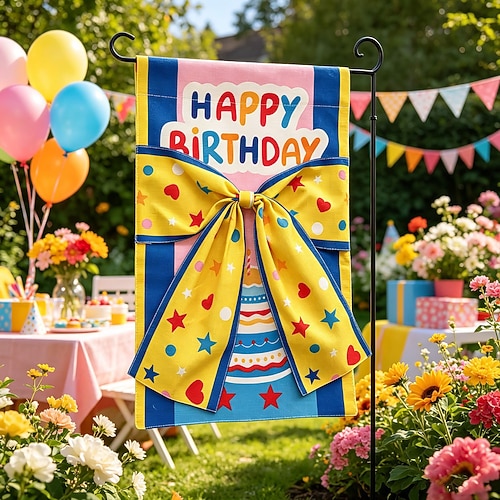 Gartenflagge zum Geburtstag, doppelseitig, für draußen, mit Geschenkbox und Schleife, Willkommensflagge für Veranda, Terrasse, Rasen, Gartenparty-Dekoration Image