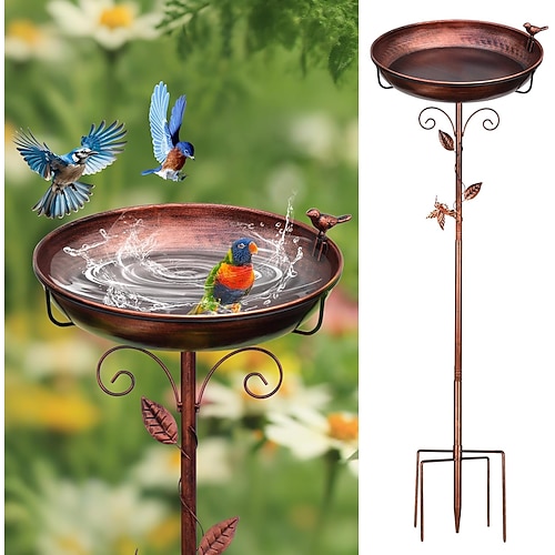 Vogelbad aus Metall für den Außenbereich mit 2 Vogelfiguren, Kolibri auf Stange Spatz auf Schale, 98 cm hohes Garten-Vogeltränke, 30 cm hohes, freistehendes Vogelhäuschen aus antiker Bronze für