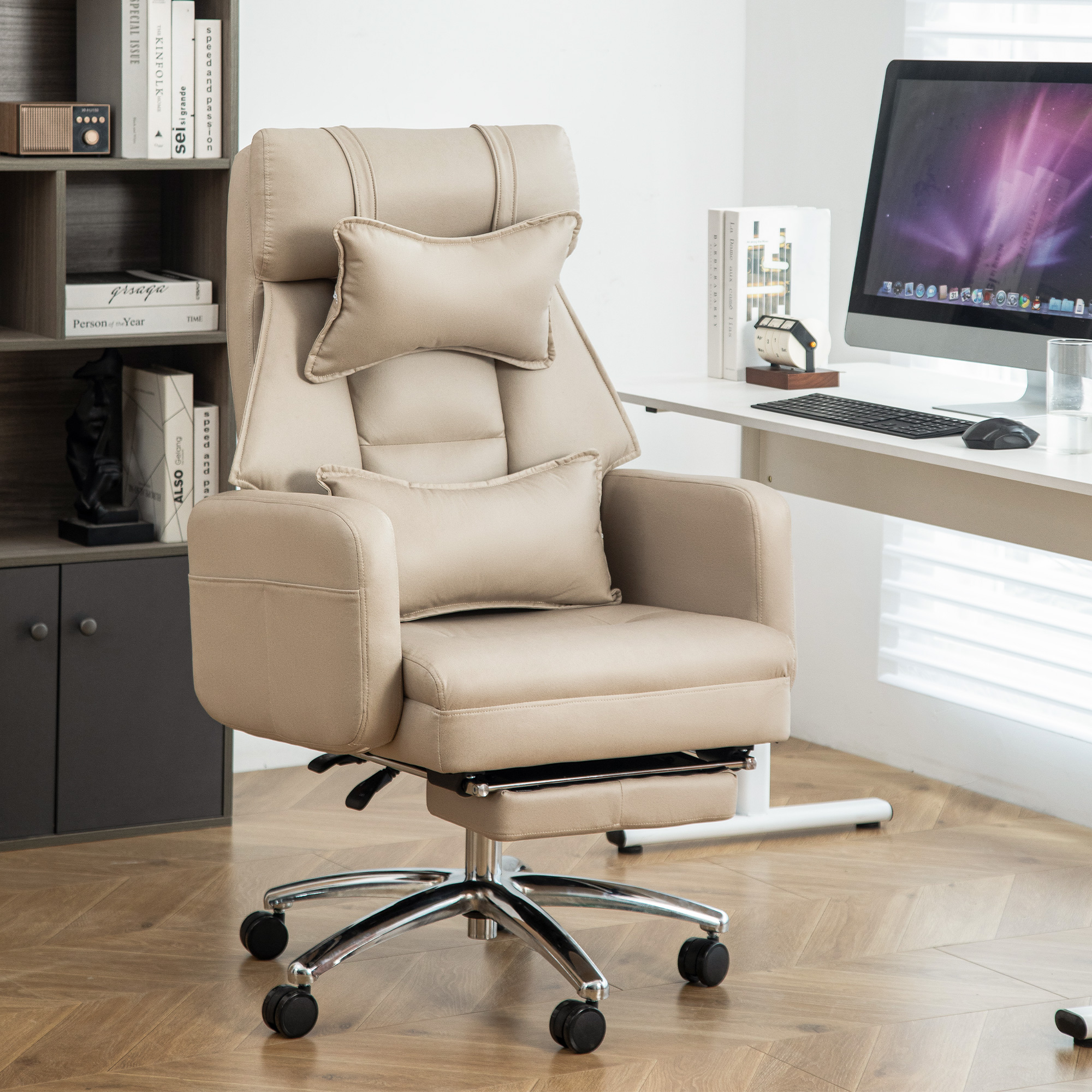 Sedia Da Ufficio Ergonomica Girevole, Sedia Da Ufficio Tecnologica In Pelle Con Schienale Alto, Supporto Lombare E Poggiatesta, Comoda Sedia Direzionale, Sedia Da Computer Reclinabile A 155° Beige