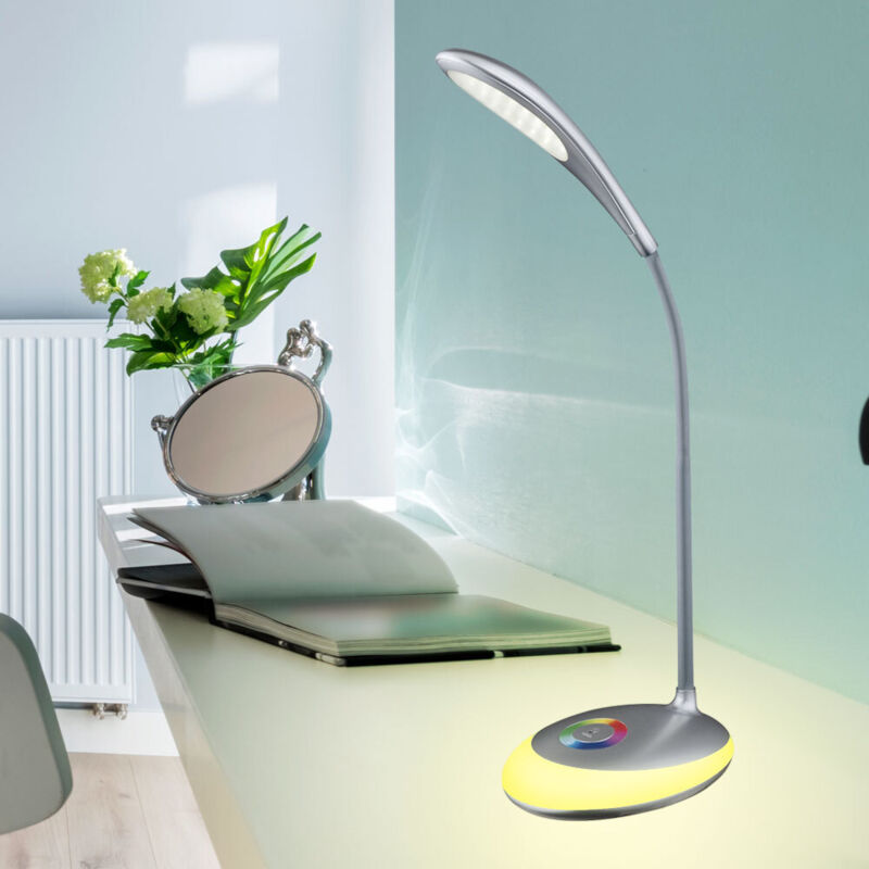 Lampada Da Scrivania Touch Lampada Da Tavolo Cambia Colore Touch, Dimmerabile Lampada Da Tavolo Collo Di Cigno, Batteria Ricaricabile, Argento, 1x Led 3w Bianco Neutro 1x Rgb 1.4w, H 48 Cm