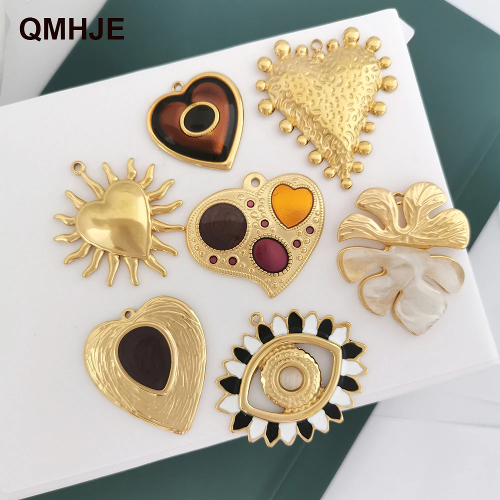 Große Halskette mit Anhänger, Charm-Herz, Blatt, böser Blick, braun, Vintage, großes Statement, Edelstahl, weißes Harz, 18 Karat vergoldet, PVD-Beschichtung Image