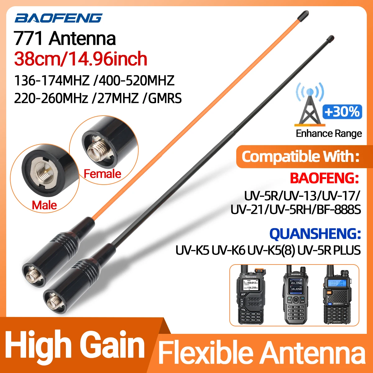 Walkie Talkie Antenne SMA Weiblich Männlich VHF UHF Band Tri-Band GMRS für BaoFeng UV-5R UV-82 BF-888S UV-9R Handheld Amateurfunk Image
