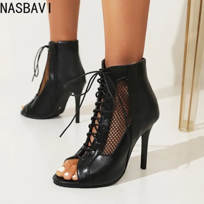 NASBAVI Mode Sommer Jazz Dance Schuhe Peep Toe Stiefeletten für Frauen Sexy High Heels Schnürsandalen Weibliche Große Größe 45