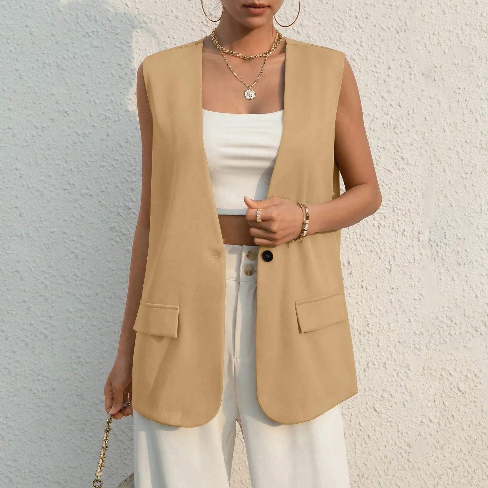 Mode-Design Anzug Weste Dame Vintage V-ausschnitt Arbeit Casual Lose Weste Einfarbig Einzigen Taste Ärmellose Dünne Blazer Jacke Image
