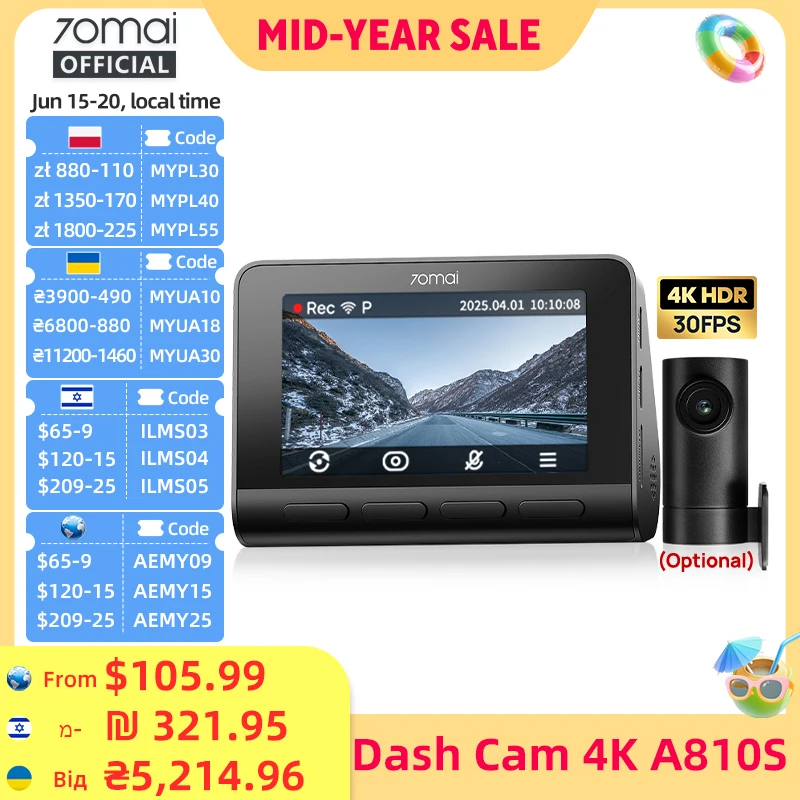 70mai Dashcam 4K A810S HDR IMX678 Superkondensator 4G LTE Fernbedienung Wi-Fi 6 Sprachsteuerung GPS ADAS Autokamera 70mai A810S Image