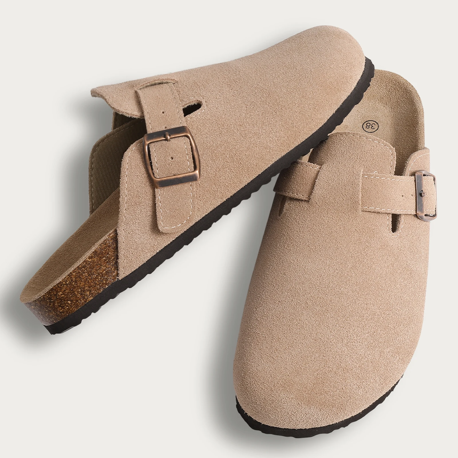 Halbschleppsandalen, Clogs für Damen und Herren, Pantoletten aus Kork-Wildleder, klassische rutschfeste Kork-Hausschuhe für Outdoor-Hausschuhe mit Fußgewölbeunterstützung