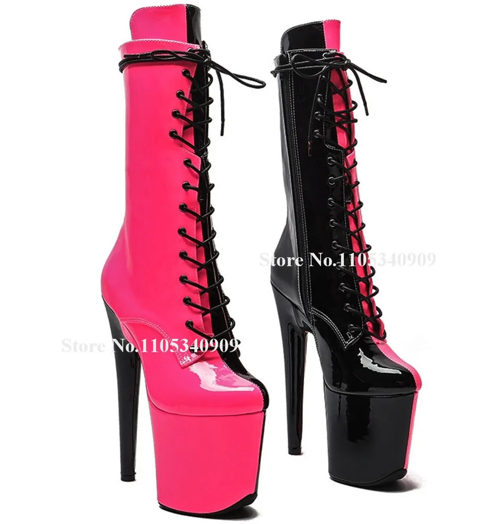 Bondarenko Rose Pink Black Patchwork Stiletto Heel Kurze Stiefel mit runder Spitze, Schnürung, gemischte Farben, hohe Plateausohle, 20 cm Tanzschuhe