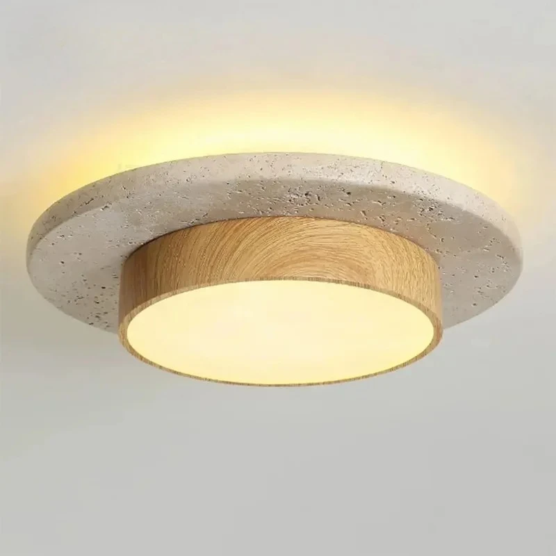 Stein-Deckenleuchte, runde Deckenleuchten, D22 cm, LED28 W, Wabi Sabi, Retro, Walnuss/Holz, für Balkon, Flure, Wohnzimmer, Innenbeleuchtung