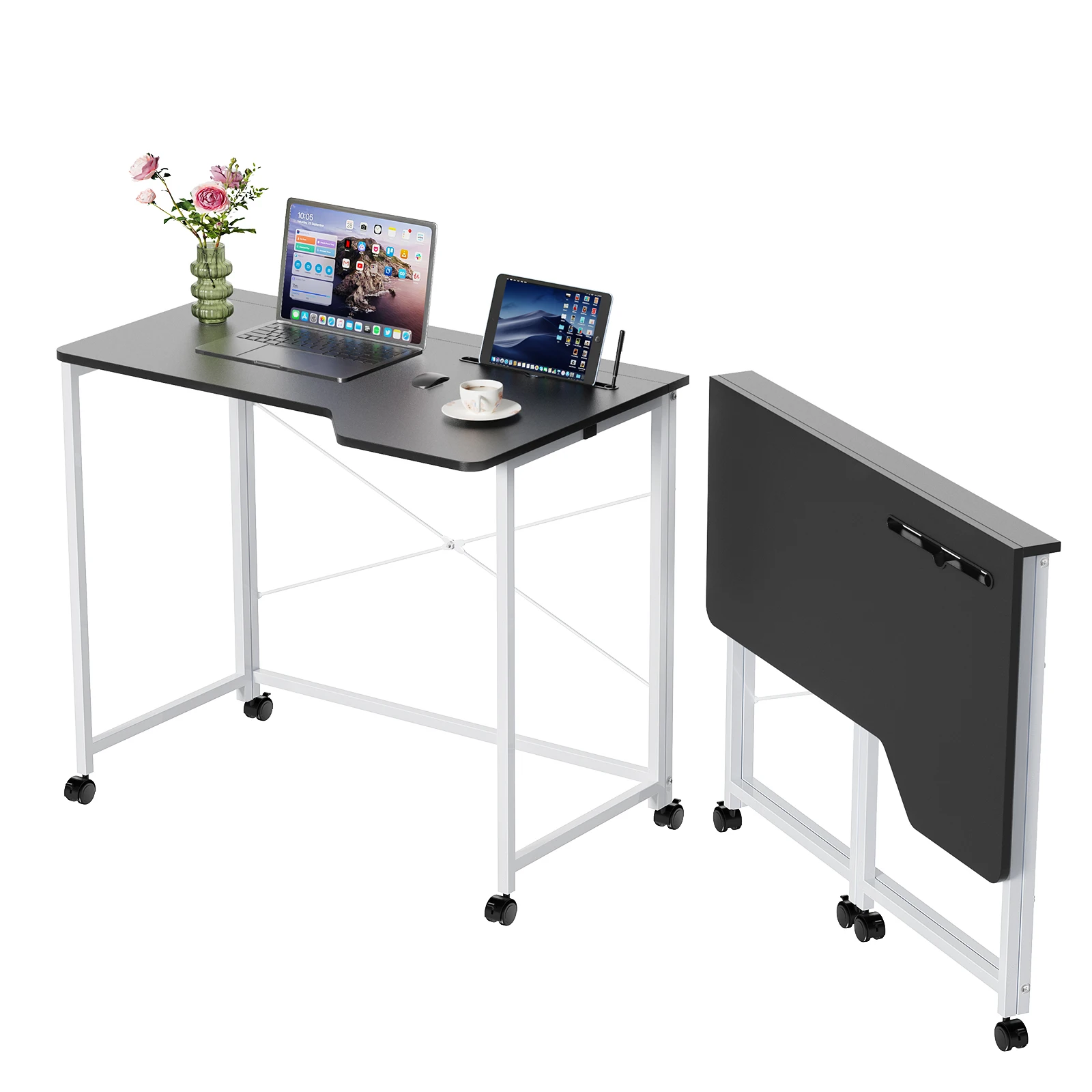 Klappbarer Schreibtisch auf Rollen, 90 x 56 x 75 cm, Computertisch mit Kartenfach, Arbeitstisch für Heimbüro, Schlafzimmer, kleine Räume, Eiche