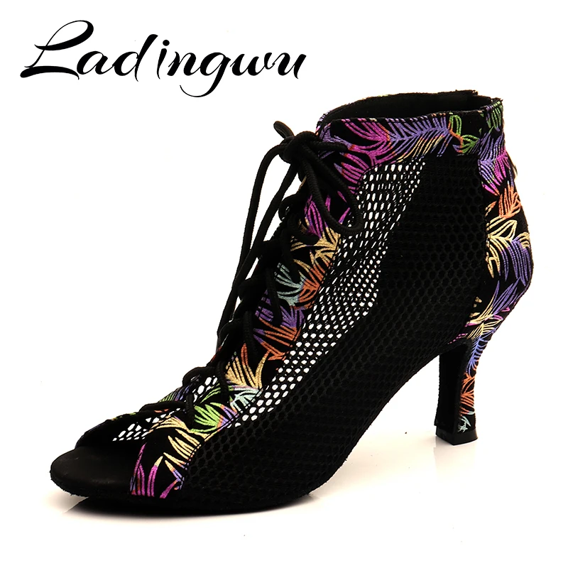 Ladingwu Schnürung Wildleder Und Atmungsaktive Mesh Stiefel Weichen Boden Tanz Schuhe Zipper frauen sandalen Latin Salsa Tanz Schuhe Niedrigen-heele