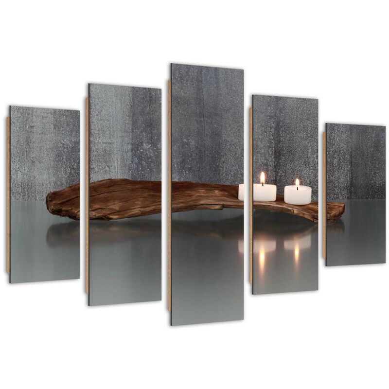 Quadro Deco Panel 5 Parti, Composizione Zen Con Candele E Legno - 150x100
