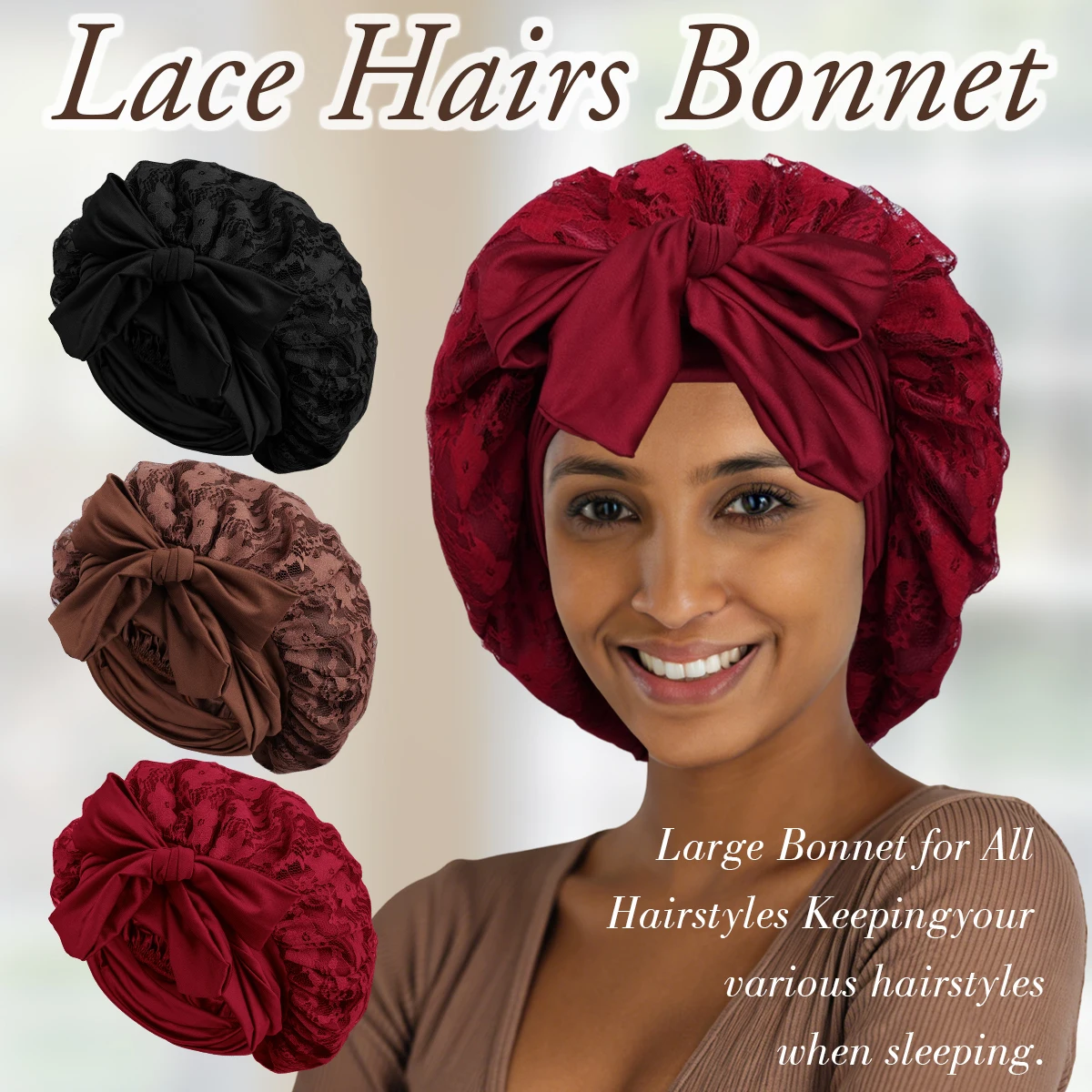 Luxuriöse Damen-Schlafmütze aus Spitze mit elastischem Band für lockiges oder glattes Haar, komfortables, elegantes Haar-Accessoire zum Schutz. Image