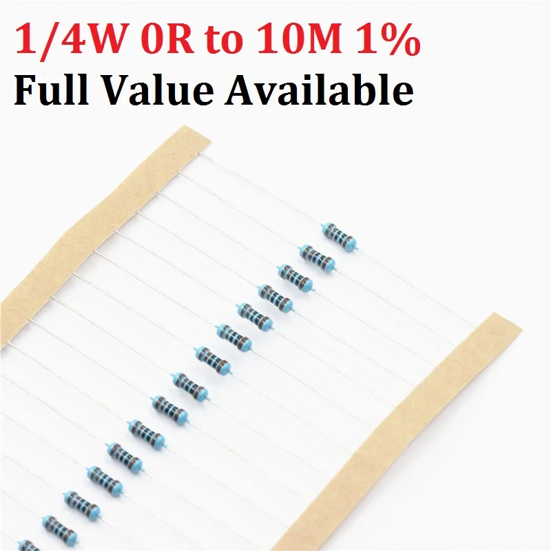 100 stücke 1/4 W 1R--10M 1% 1K Ohm 10K 4,7 karat 2,2 K 100R 220R 470R 1/2/3/4/5/6/7/8/9/0,4.5.6.7/R/K 0,25 W Metall Film Widerstand Freies Schiff