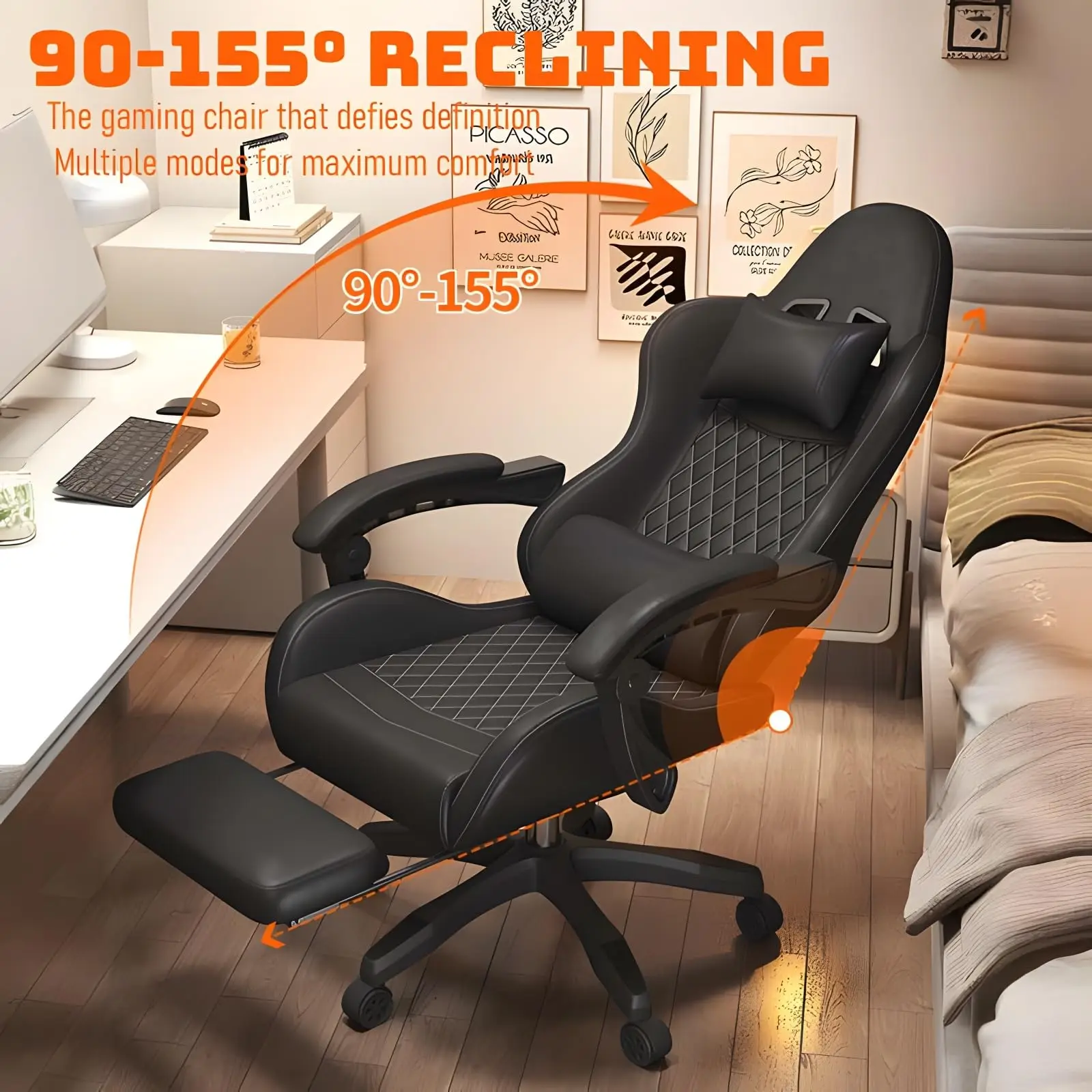 PU-Leder Gaming-Stuhl für Große und Kräftige, Ergonomischer Hochlehner-Computerstuhl mit Fußstütze, Massage und Lendenwirbelstütze für Erwachsene, 159 kg Tragkraft