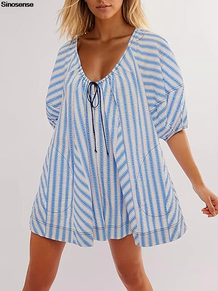 Sommer Strand Stram pler für Frauen lässig locker gestreiften Puff Kurzarm verstellbaren Hals weites Bein übergroßen Overall mit Taschen Image