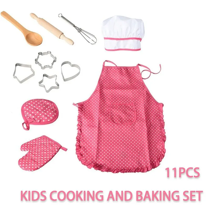 11-teiliges Koch- und Backset für Kinder, Koch-Set, inklusive Schürze für Mädchen, Kochmütze, Handschuh- und Utensilien-Geschenke für Kinder im Alter von 3–10 Jahren Image