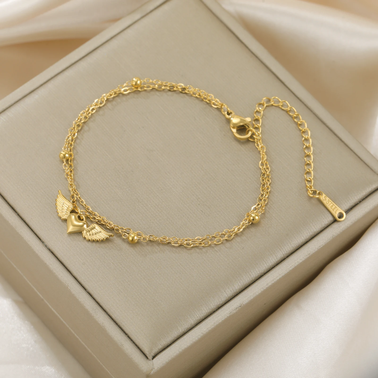 Teamer Herz Flügel Charm Armband Edelstahl Gold Farbe Einstellbare Doppelschicht Perlen Kette Für Frauen Mädchen Trendy Schmuck Image