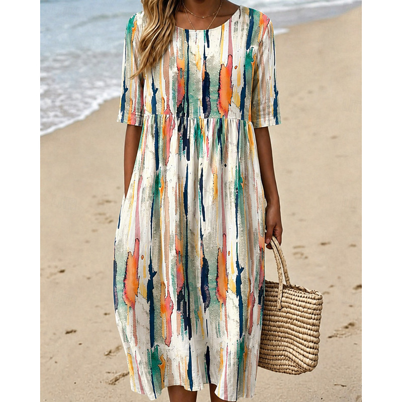 Women's Midi Dress Sheath Dress T Shirt Dress Tee Dress A Line Dress Summer Dress Vacation Casual Boho Daily Summer Dress Spring Dress Loose Fit Graphic Short Sleeve Crew Neck White Rainbow Summer