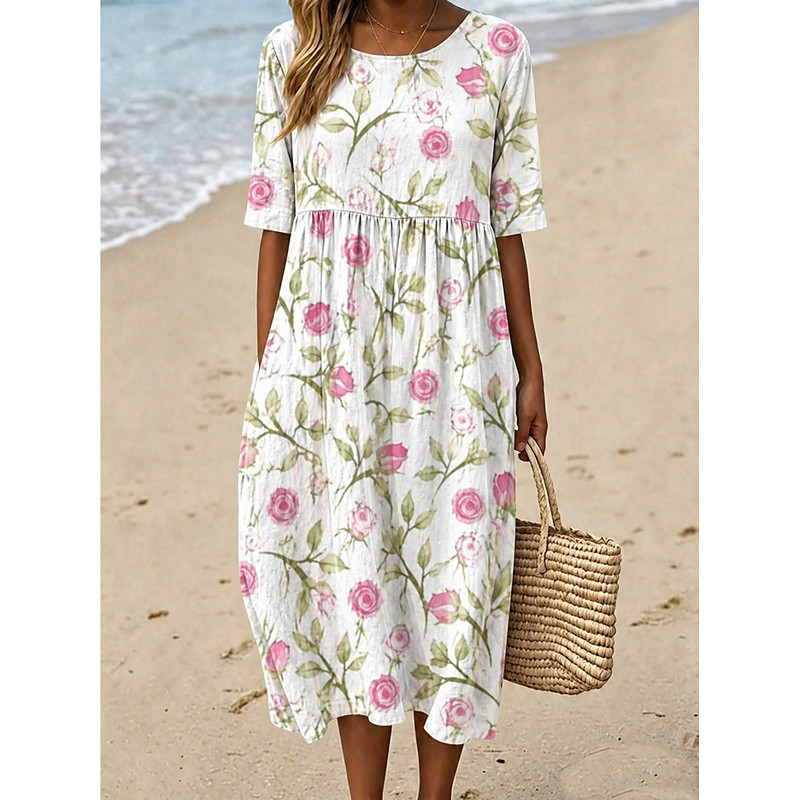 Women's Midi Dress Sheath Dress T Shirt Dress Tee Dress A Line Dress Summer Dress Vacation Casual Boho Daily Summer Dress Spring Dress Regular Fit Floral Graphic Abstract Short Sleeve Crew Neck Blue