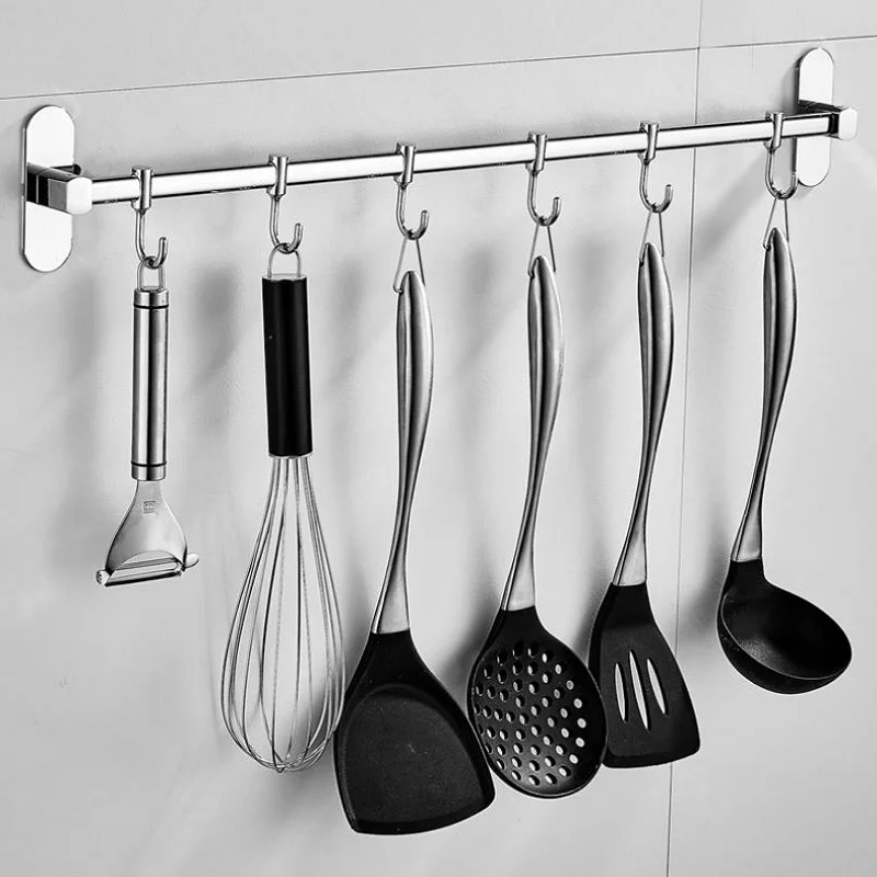 Punch Free Stainless Steel Kitchen Wall Rack Organizer With Hooks For Knives Pots And Utensils Punch Free Stainless Steel Kitchen Wall Rack Organizer With Hooks For Knives Pots And Utensils