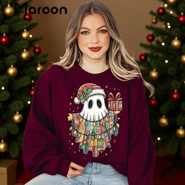 Christmas Ghost Sweatshirt | Funny Santa Hat Ghost Spooky Cute Holiday Crewneck dark Grey Heather 3xl t Shirt