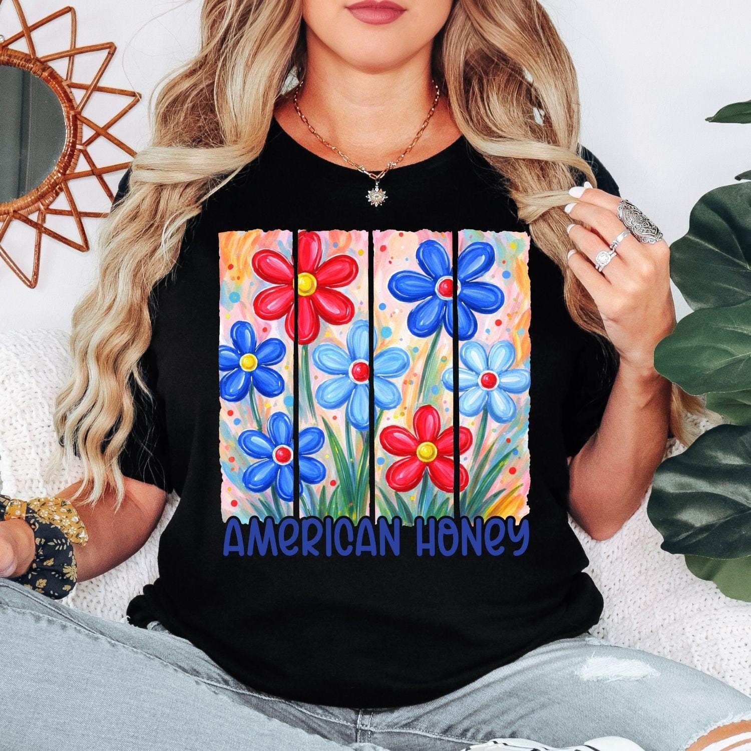 American Honey Shirt | Patriotic Floral Americana Summer Graphic Tee For Women white 2xl t Shirt