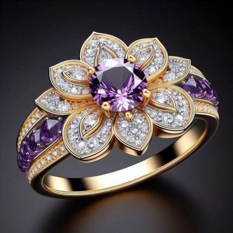 Purple Flower Zircon Ring For Women Elegant Floral Birthstone Jewelry Gift a 9