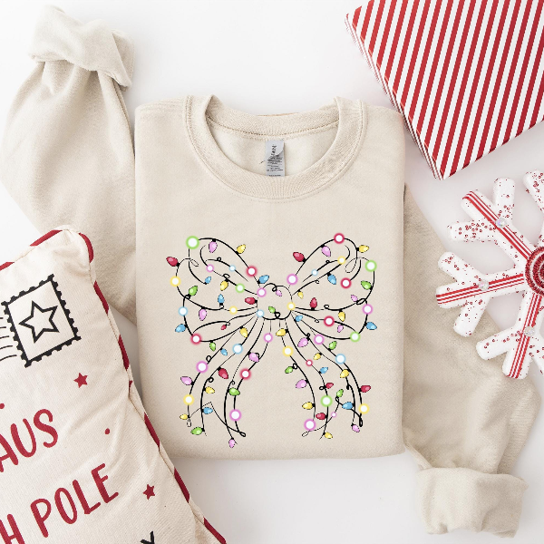 Christmas Lights Coquette Bow Sweatshirt | Funny Holiday Bow Graphic Crewneck Womens Festive Xmas Pullover vintage White 3xl sweatshirt