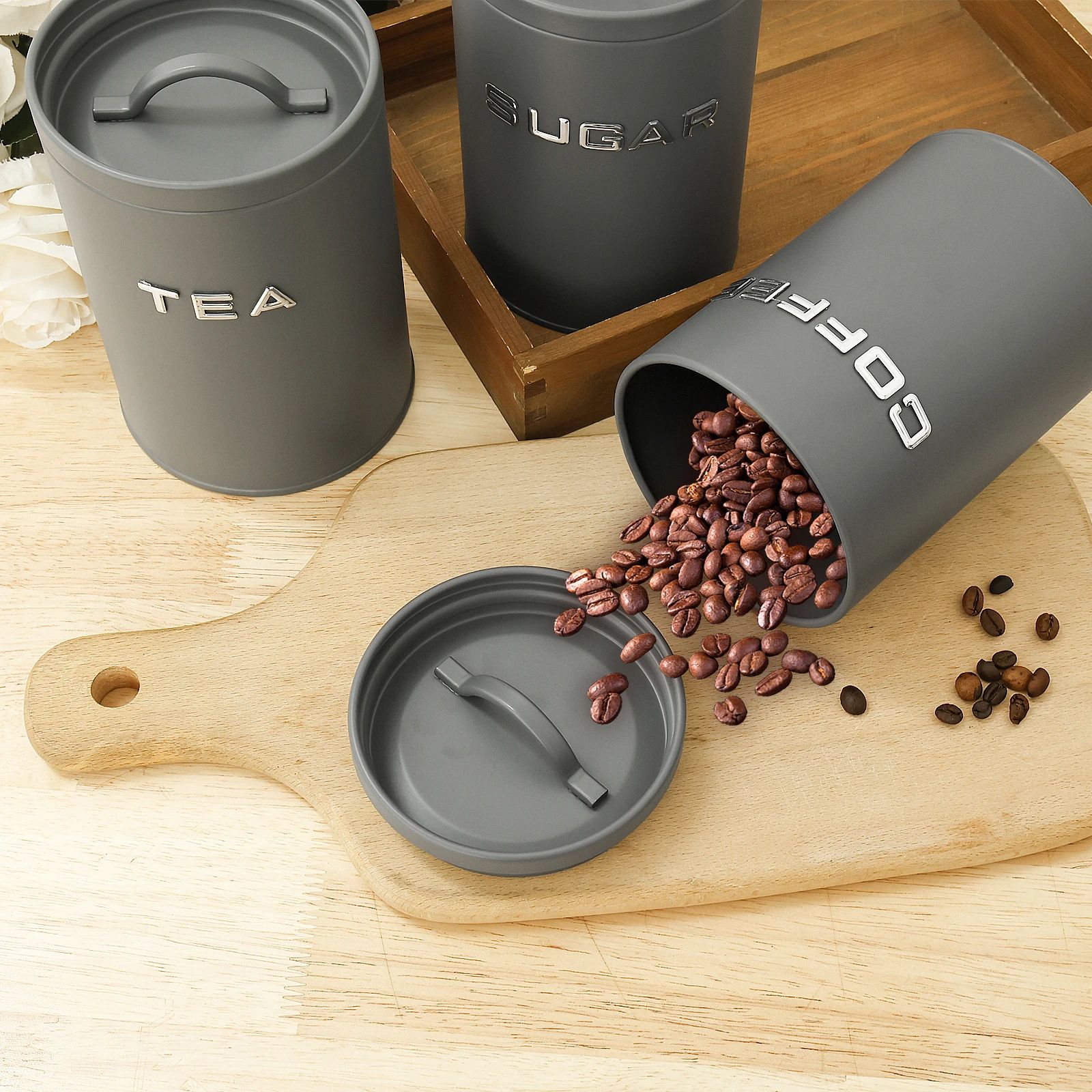 Airtight Coffee Canister Set 3 Piece Kitchen Storage Jars For Coffee, Tea & Sugar white