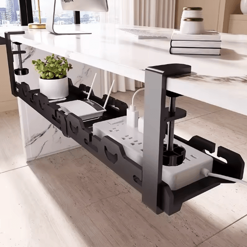 Telescopic Under Desk Cable Organizer Tray No Drill Metal Wire Management Rack black Fixed
