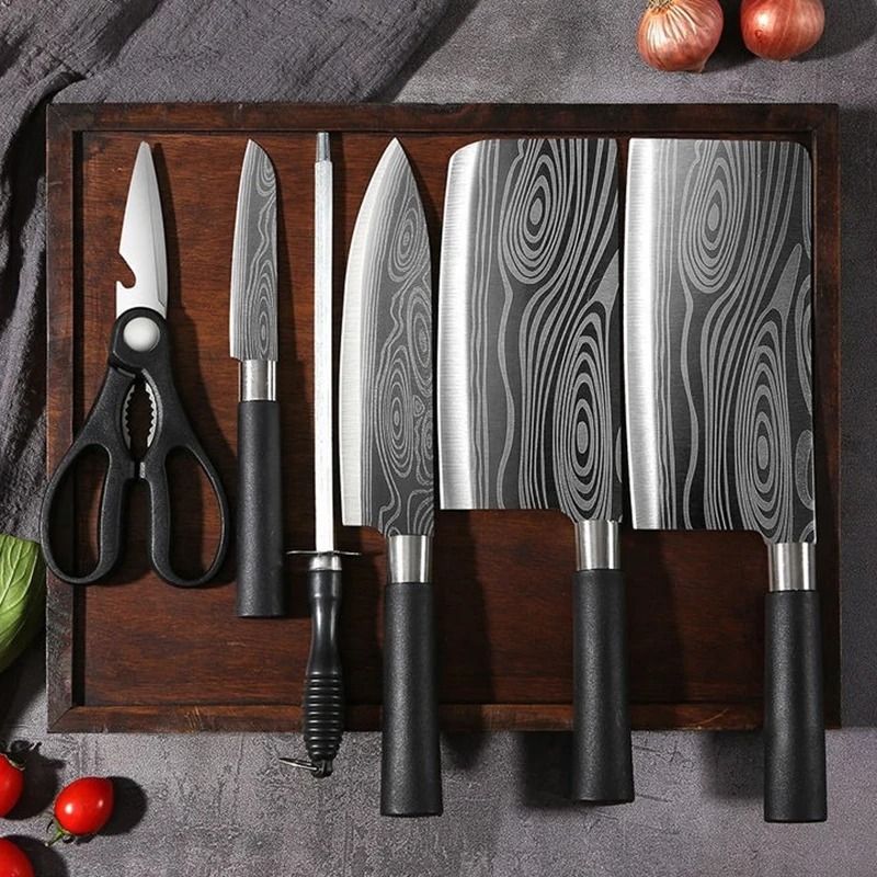 Damascus Pattern Kitchen Knife Set Stainless Steel Chef Knife Scissors Sharpening Rod 3 Pcs