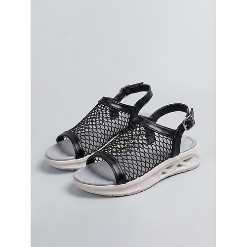 Weiße Damen-Sportsandalen aus Mesh – atmungsaktive, offene Zehenpartie mit ausgeschnittener Sohle und verstellbarem Knöchelriemen, lässige Sommersandalen zum Spazierengehen, Reisen und für Image
