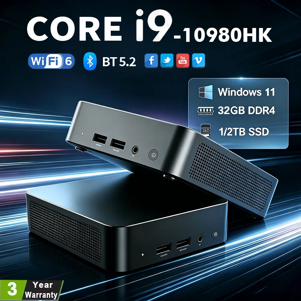 NEUER Core i9-10980HK Tragbarer Mini-PC Computer Windows 11 16GB/32GB DDR4 1/2TB SSD Gaming-Computer WiFi 6 Büro-Mini-Desktop
