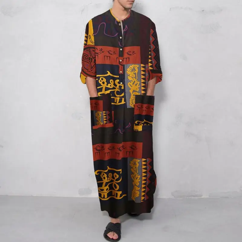 2026 Frühling Sommer Herren Robe Oracle Ethnischer Druck Langer Bademantel Nachthemd Kimono Hausmantel Image