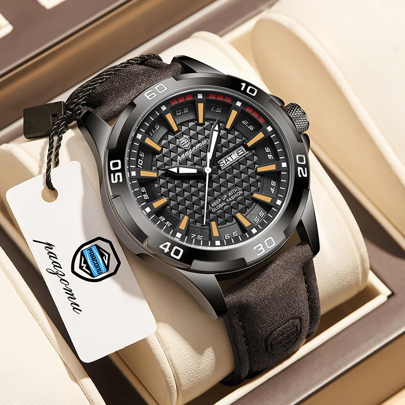 Paagomu Herren Robuste Sport-Quarzuhr Schwarzes Zifferblatt Wildlederarmband Leuchtende Zeiger Tag-Datum Anzeige Langlebig für Outdoor-Aktivitäten für Moderne Abenteurer Image