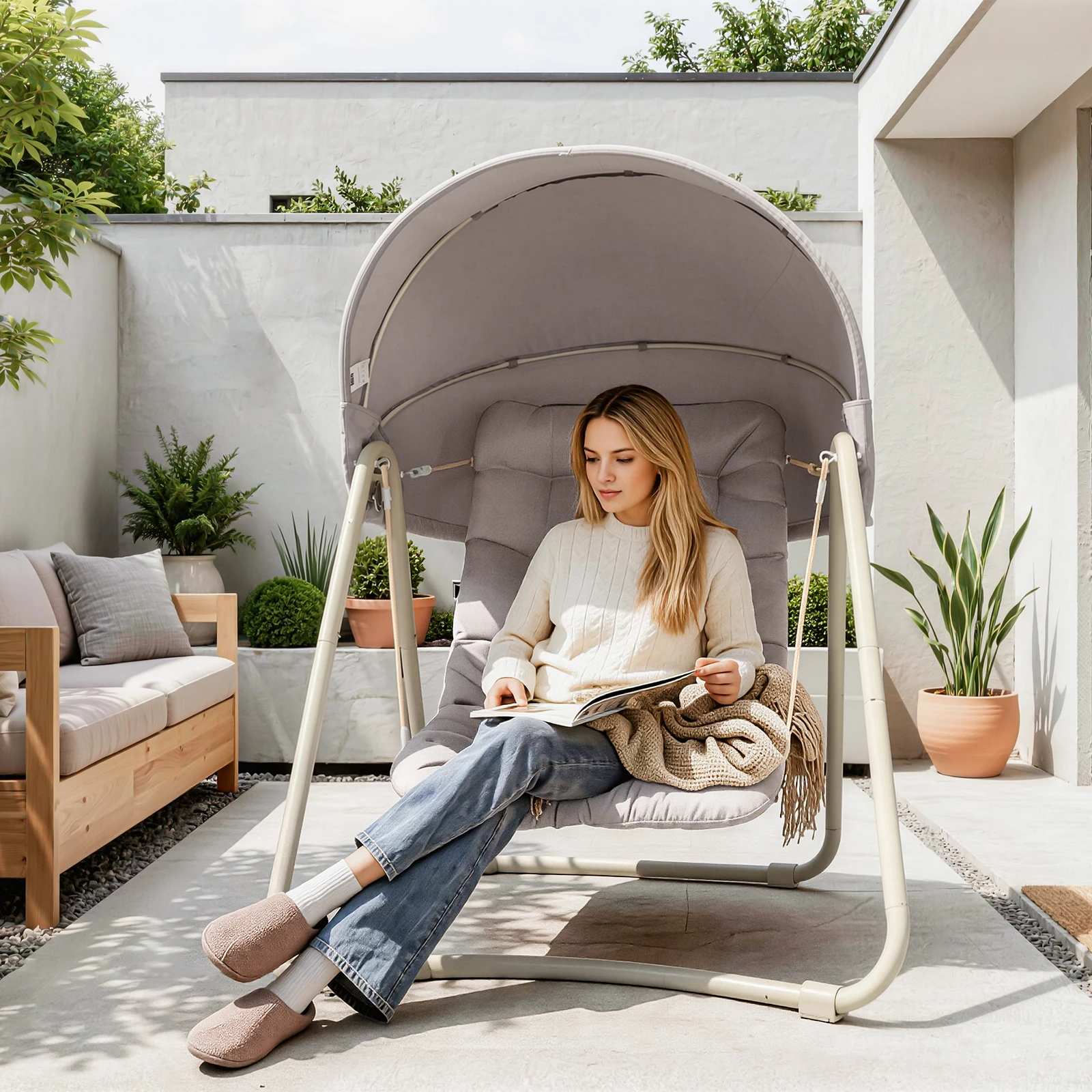 Sobuy OGS62-MI Hängestuhl mit Verstellbare Sonnenschutz Hängesessel Outdoor Sonnenliege für Garten Balkon und Outdoor Hängematte Beige 108x163x126 cm
