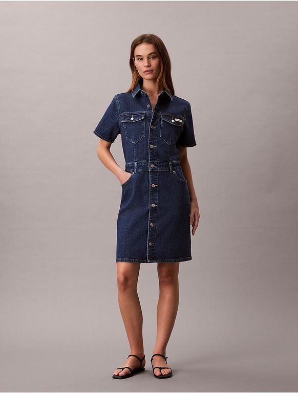 Calvin Klein Denim Mini Trucker Dress - Blue - Calvin Klein Dresses