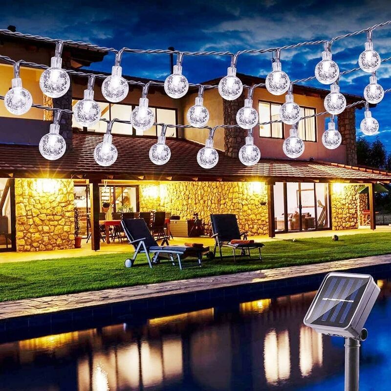 Minkurow Stringa Di Luci Solari, 6.5m 30 Led Stringa Di Luci A Sfera Di Cristallo 8 Modalità Stringa Di Luci Solari Impermeabili Con Memoria Per Giardino, Festa, Matrimonio, Balcone, Natale, Bianco Fr