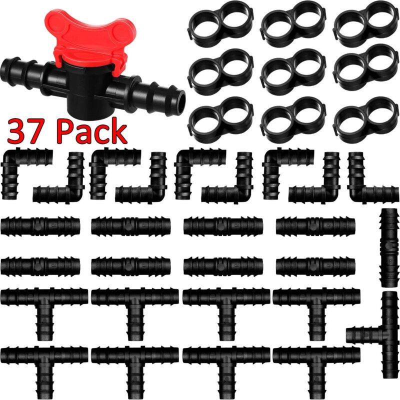 Kit Di Raccordi Per Irrigazione Da 37 Pezzi, 2 Valvole Di Commutazione, 8 Raccordi A T, 8 Raccordi, 8 Gomiti, 8 Tappi E 8 Tappi Terminali Per Sistemi Di Irrigazione A Goccia, Giardino, Patio, Prato (1