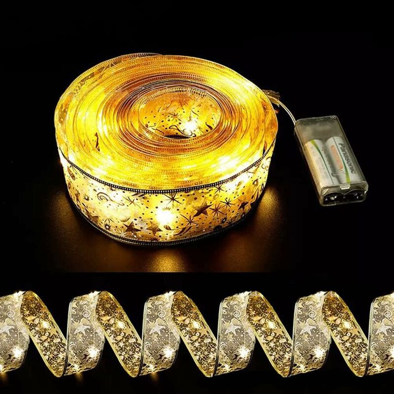 Minkurow Nastro Lucido Stringa Luci, Nastro Led 5m Luci Natale Stringa, Nastro Albero Di Natale A Led, Fiocco In Pizzo Fai Da Te A Batteria Decorazioni Natalizie Albero Vacanze Interni Esterni Oro + L