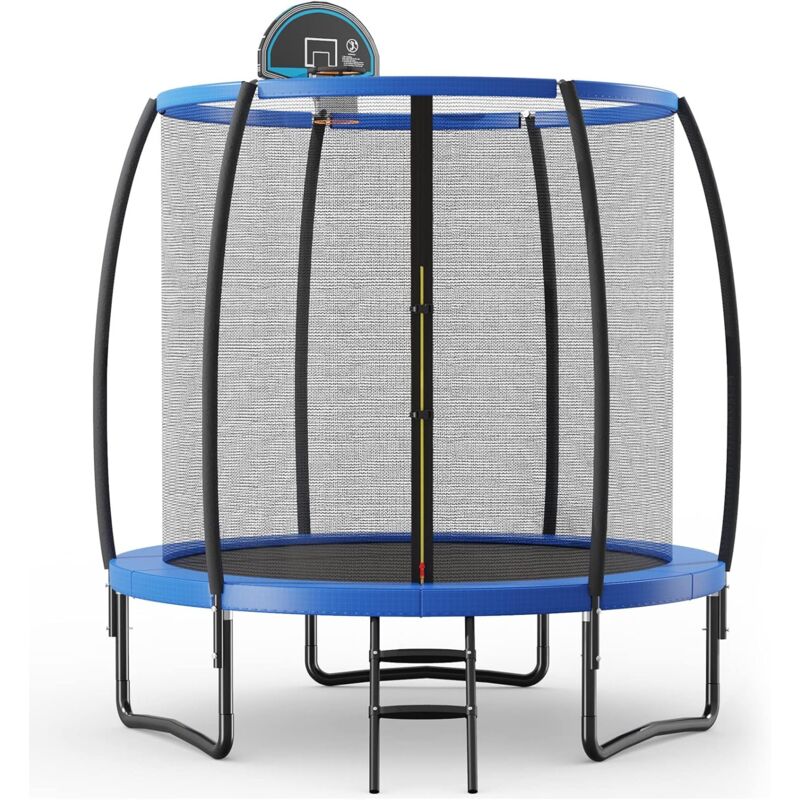 Trampolino Elastico Bambini 245/333/367 Cm, Tappeto Elastico Bambini Da Esterno Con Rete, Anello Da Basket, Cuscinetto E Scaletta Con 2 Gradini, Palla Da Basket E Pompa, Portata 100 Kg - Costway