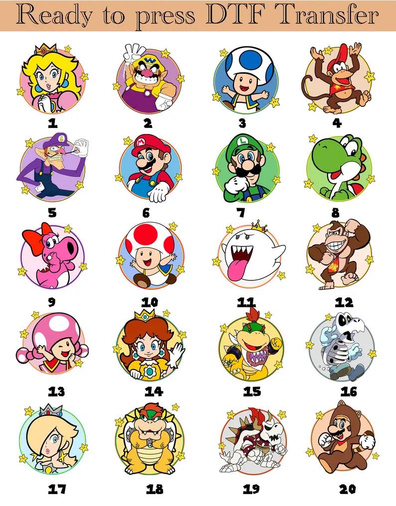 Trasferimento DTF del personaggio di Super Mario, Mario Party pronto per la stampa, Super Mario Gaming DTF, Mario & Friends Party DTF, Trasferimento a