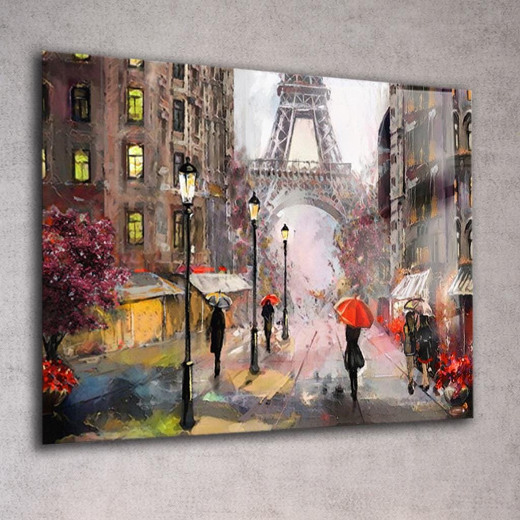 Quadro su vetro con paesaggio urbano francese, raffigurante la Parigi piovosa, con la Torre Eiffel dipinta su vetro, opera d'arte impressionista moder