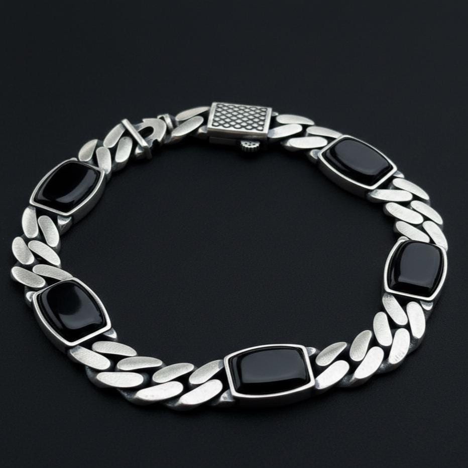 Bracciale in argento con catena a maglie in onice, bracciale in catena quadrata con onice, bracciale da uomo, bracciale a catena a maglie da 10 mm, br