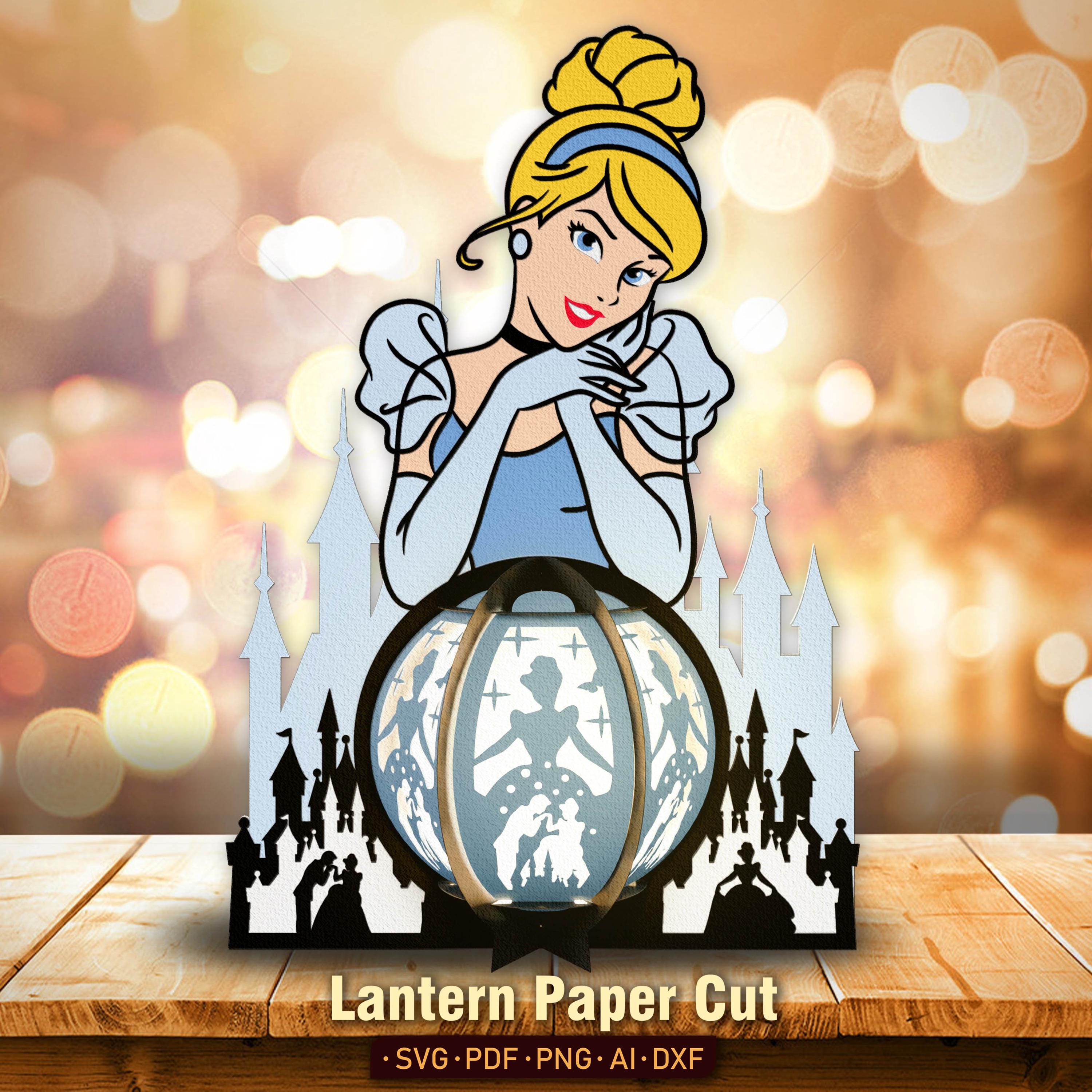 Lanterna da principessa, elegante lanterna da principessa in carta tagliata con castello e abito scintillante, design a scatola luminosa a strati per