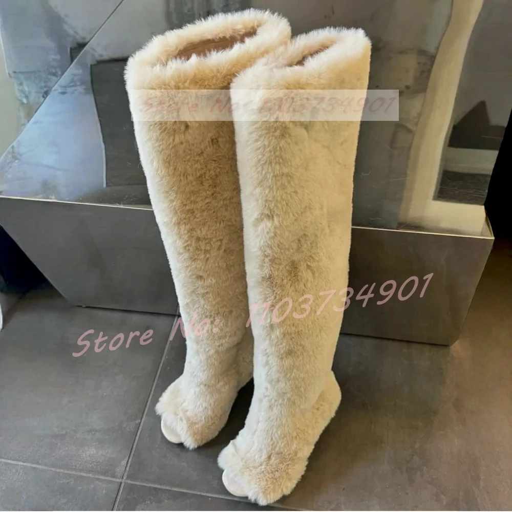 Offene spitze Overknee-Stiefel für Damen, große Größe, modisch, Slip-On, flauschiges Fell, warm, bequem, High Heels, Schuhe, Dame, raffinierte sexy Stiefel